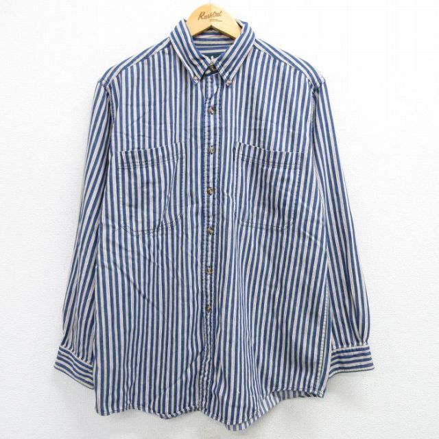 XL★古着 長袖 シャツ メンズ 90年代 90s コットン ボタンダウン 紺他 ネイビー ストライプ 25mar11 中古 トップス