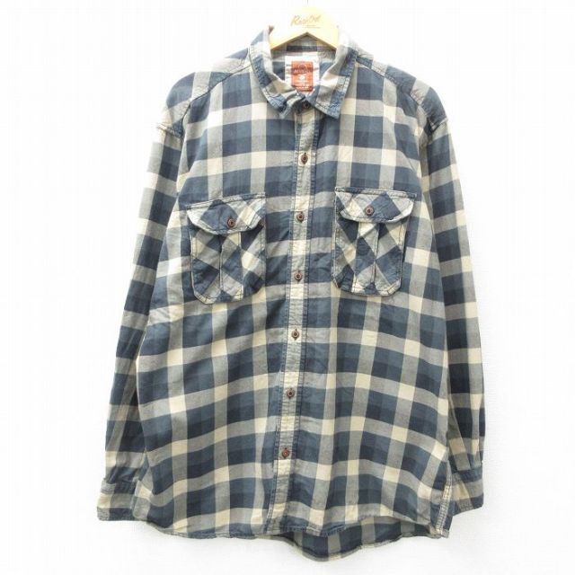 XL★古着 レッドヘッド 長袖 シャツ メンズ 大きいサイズ ロング丈 コットン 紺他 ネイビー チェック 25mar12 中古 トップス