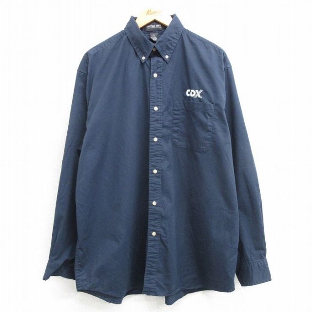 XL★古着 長袖 シャツ メンズ COX ロング丈 ボタンダウン 濃紺 ネイビー 25mar13 中古 トップス