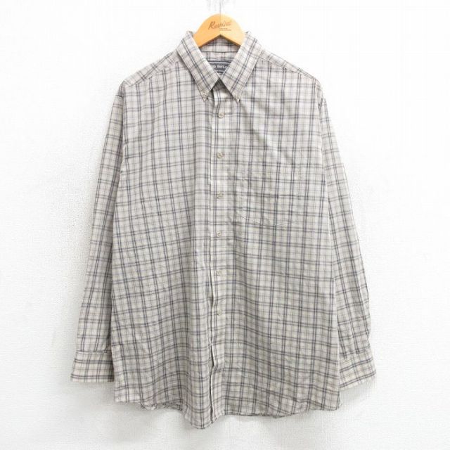 XL★古着 長袖 シャツ メンズ 90年代 90s コットン ボタンダウン 薄ベージュ他 カーキ チェック 25mar13 中古 トップス