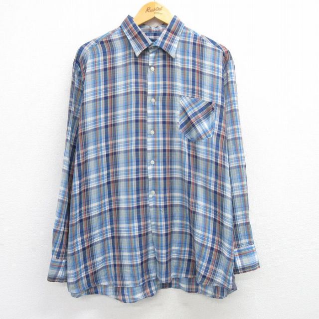 XL★古着 長袖 シャツ メンズ 80年代 80s 青他 ブルー チェック 25mar14 中古 トップス