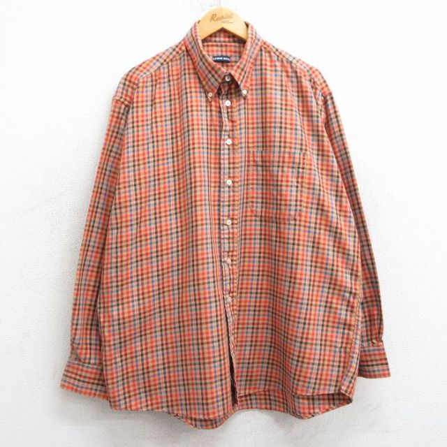 XL★古着 長袖 シャツ メンズ 90年代 90s 大きいサイズ コットン USA製 オレンジ他 チェック 25mar15 中古 トップス