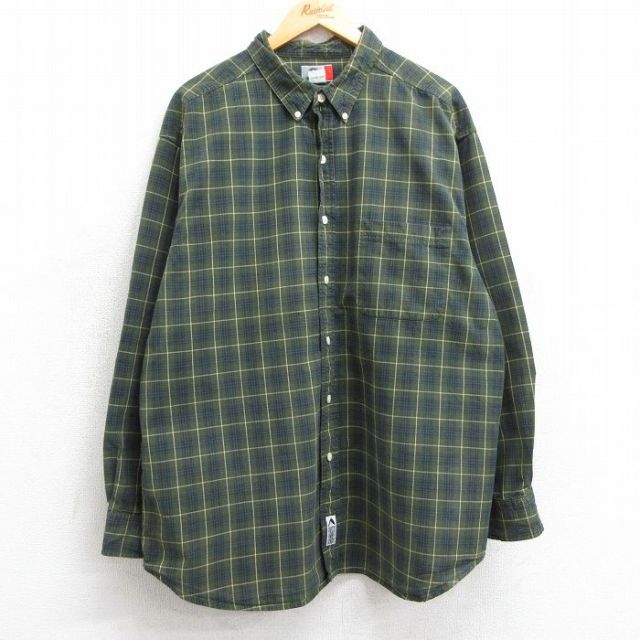 XL★古着 アリゾナジーンズ 長袖 シャツ メンズ 00年代 00s 大きいサイズ ロング丈 コットン ボタンダウン 緑他 グリーン チェック 25mar15 中古 トップス