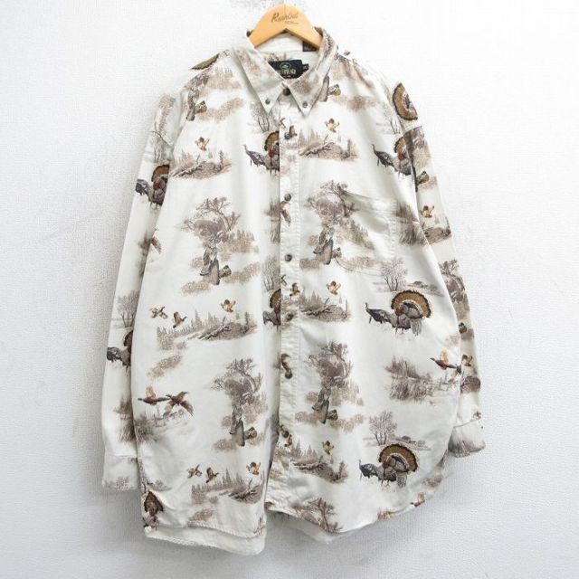 XL★古着 レッドヘッド 長袖 シャツ メンズ 00年代 00s 鳥 総柄 大きいサイズ ロング丈 コットン ボタンダウン 生成り他 25mar15 中古 トップス