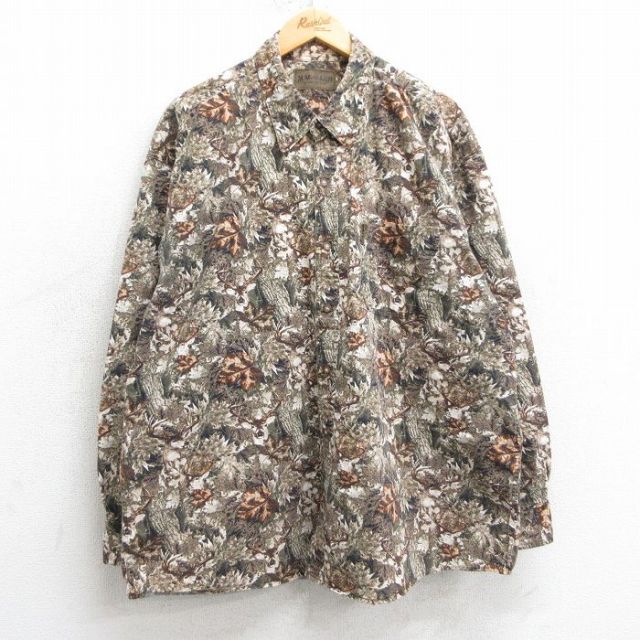 XL★古着 長袖 シャツ メンズ シカ 総柄 大きいサイズ コットン ボタンダウン 茶他 ブラウン 25mar15 中古 トップス