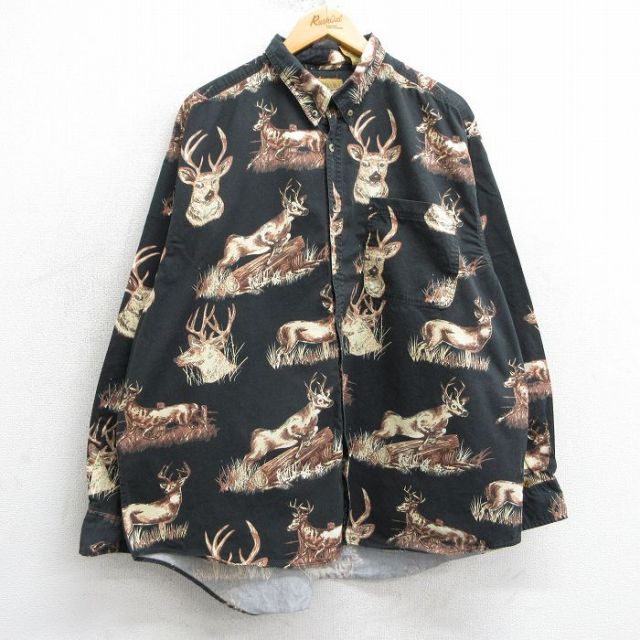 XL★古着 長袖 シャツ メンズ シカ 総柄 大きいサイズ コットン ボタンダウン 黒他 ブラック 25mar15 中古 トップス