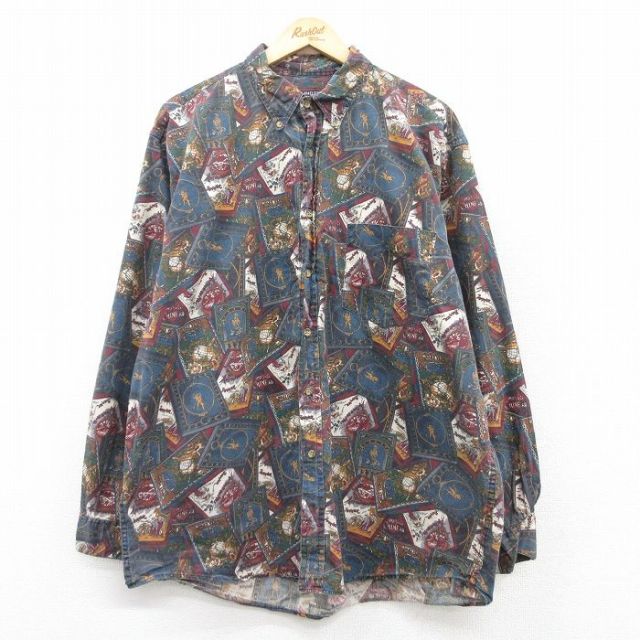 XL★古着 長袖 シャツ メンズ 00年代 00s 大きいサイズ コットン ボタンダウン 濃緑他 グリーン 25mar17 中古 トップス