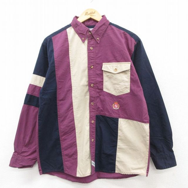 【20%OFF】L★古着 長袖 シャツ メンズ マルチカラー コットン ボタンダウン 紫他 パープル 25mar17 中古 トップス