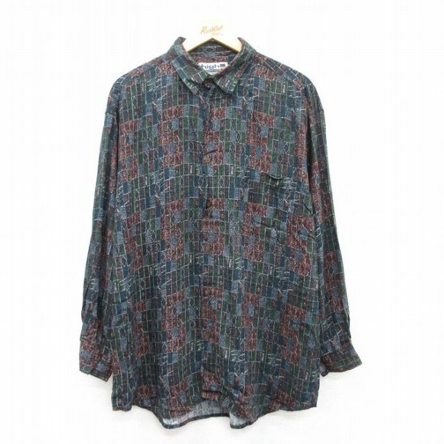 XL★古着 長袖 シャツ メンズ レーヨン 濃緑他 グリーン 25mar17 中古 トップス