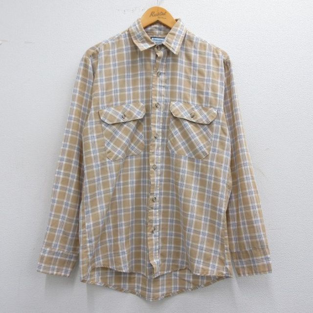 M★古着 長袖 シャツ メンズ 90年代 90s USA製 ベージュ他 カーキ チェック 25mar17 中古 トップス