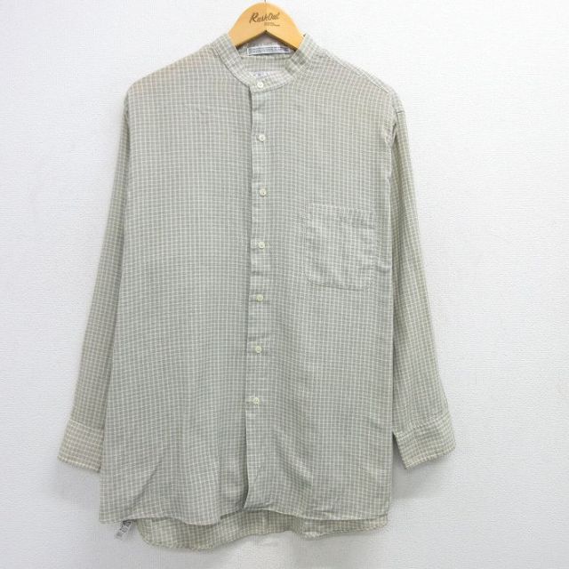 L★古着 バンヒューセン 長袖 シャツ メンズ 90年代 90s ノーカラー ベージュ他 カーキ チェック 【spe】 25mar17 中古 トップス