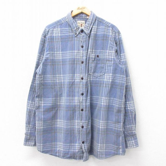 XL★古着 レッドヘッド 長袖 シャツ メンズ コーデュロイ 大きいサイズ ロング丈 コットン ボタンダウン 紺他 ネイビー チェック 25mar18 中古 トップス