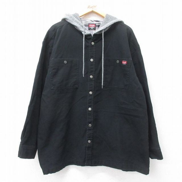 XL★古着 ラングラー Wrangler 長袖 シャツ パーカー メンズ ダック地 大きいサイズ コットン 黒他 ブラック 【spe】 25mar18 中古 トップス
