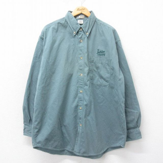 XL★古着 長袖 シャツ メンズ Jubilee カジノ 大きいサイズ ロング丈 コットン ボタンダウン 緑系 グリーン 25mar18 中古 トップス