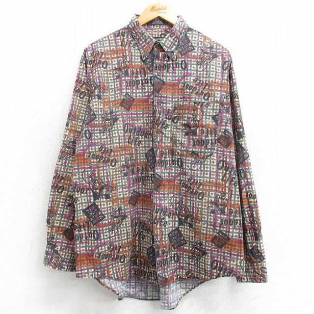 XL★古着 長袖 シャツ メンズ 00年代 00s 馬 コットン ボタンダウン ベージュ系他 カーキ チェック 25mar22 中古 トップス