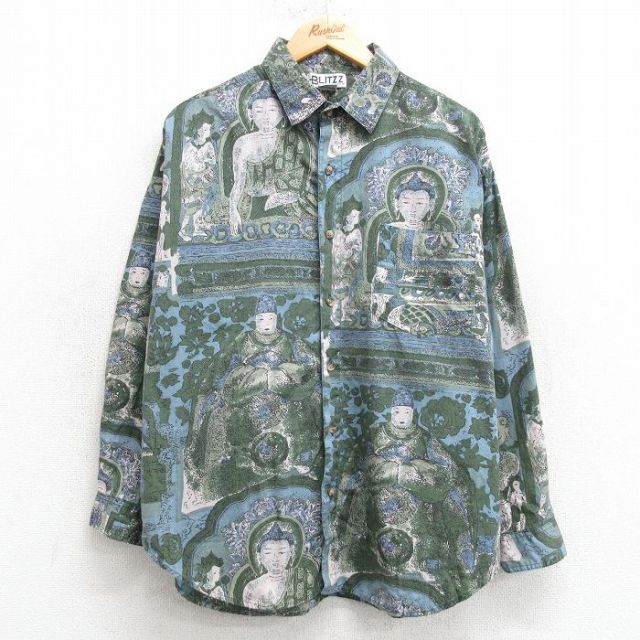 L★古着 長袖 シャツ メンズ 大仏 コットン 緑系他 グリーン 【spe】 25mar22 中古 トップス