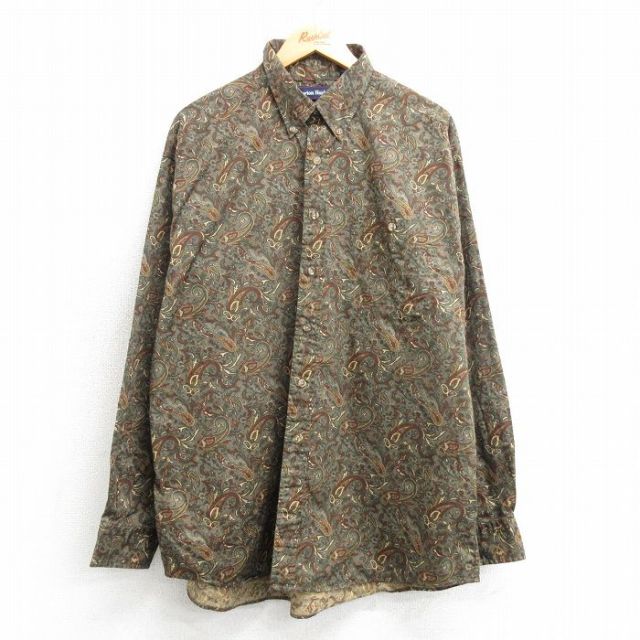 XL★古着 長袖 シャツ メンズ ペイズリー柄 大きいサイズ ロング丈 コットン ボタンダウン 緑系他 グリーン 25mar22 中古 トップス