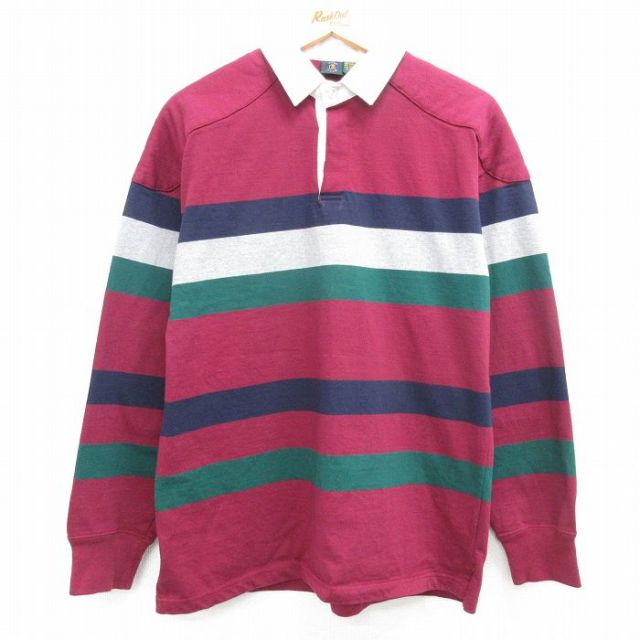 【50%OFF】M★古着 長袖 ラガー シャツ メンズ 00年代 00s ヒジ当て コットン エンジ他 ボーダー 25mar22 中古 トップス