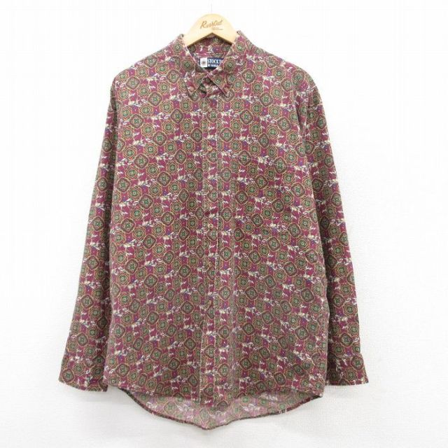 M★古着 長袖 シャツ メンズ 90年代 90s 鳥 コットン ボタンダウン 紫他 パープル 25mar24 中古 トップス