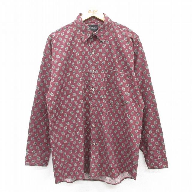 【20%OFF】L★古着 長袖 シャツ メンズ 総柄 エンジ他 25mar24 中古 トップス