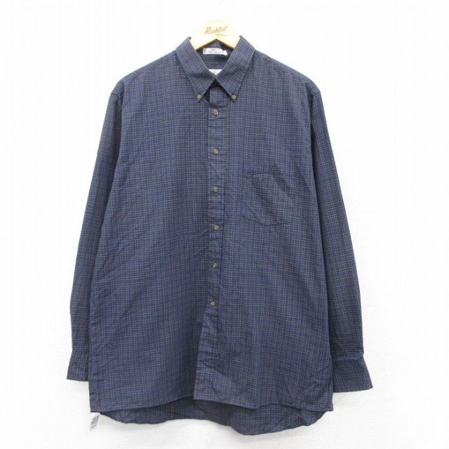 XL★古着 バンヒューセン 長袖 シャツ メンズ ボタンダウン 紺他 ネイビー チェック 25mar26 中古 トップス