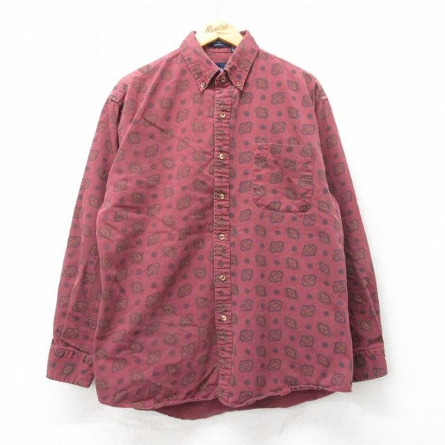 XL★古着 長袖 シャツ メンズ 90年代 90s 総柄 コットン ボタンダウン エンジ 25mar26 中古 トップス