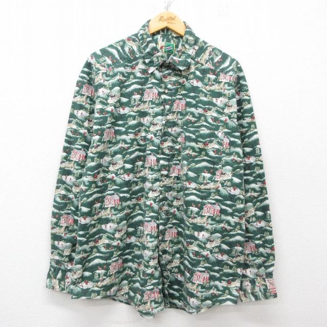 XL★古着 長袖 シャツ メンズ 90年代 90s 家 馬 ロング丈 コットン USA製 緑他 グリーン 25mar28 中古 トップス