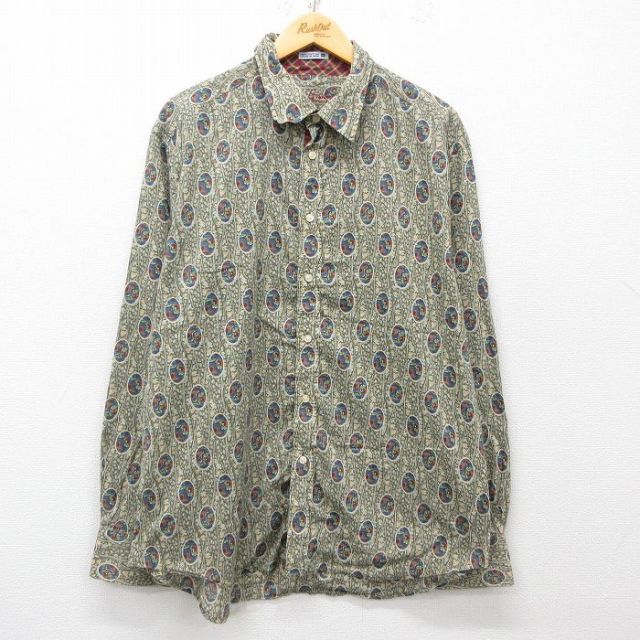 XL★古着 長袖 シャツ メンズ 総柄 コットン 濃緑他 グリーン 25mar28 中古 トップス