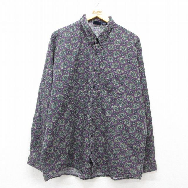 XL★古着 長袖 シャツ メンズ 90年代 90s 総柄 コットン ボタンダウン USA製 紫他 パープル 【spe】 25mar28 中古 トップス