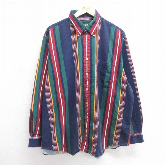【50%OFF】XL★古着 長袖 シャツ メンズ 00年代 00s 大きいサイズ ボタンダウン 紺他 ネイビー ストライプ 25mar28 中古 トップス
