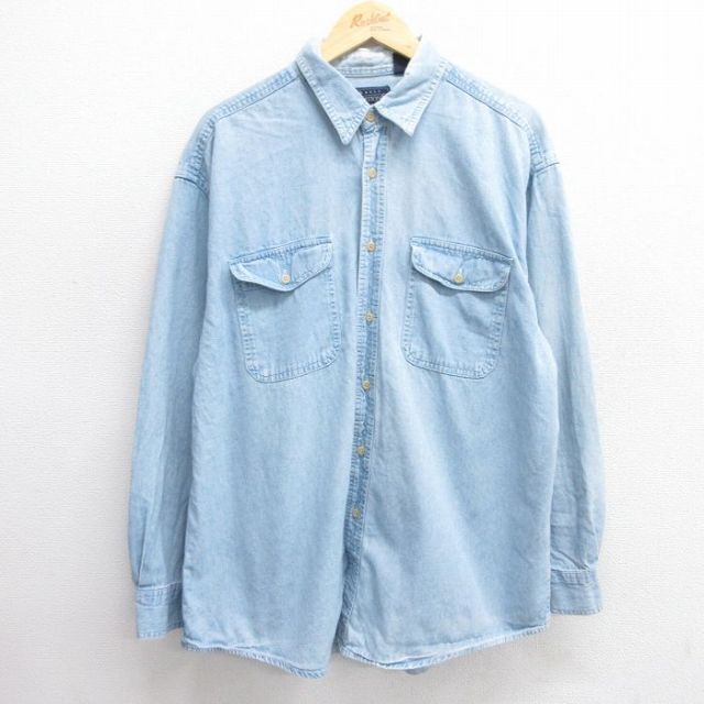 XL★古着 ベーシックエディションズ 長袖 シャツ メンズ 00年代 00s ロング丈 コットン 薄紺 ネイビー デニム 25mar28 中古 トップス