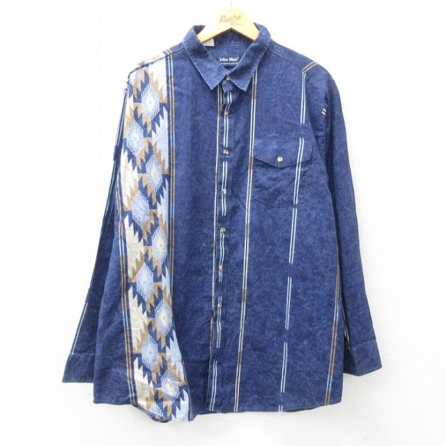 XL★古着 長袖 シャツ メンズ 90年代 90s ネイティブ柄 ラグ柄 コットン 紺他 ネイビー 25mar31 中古 トップス