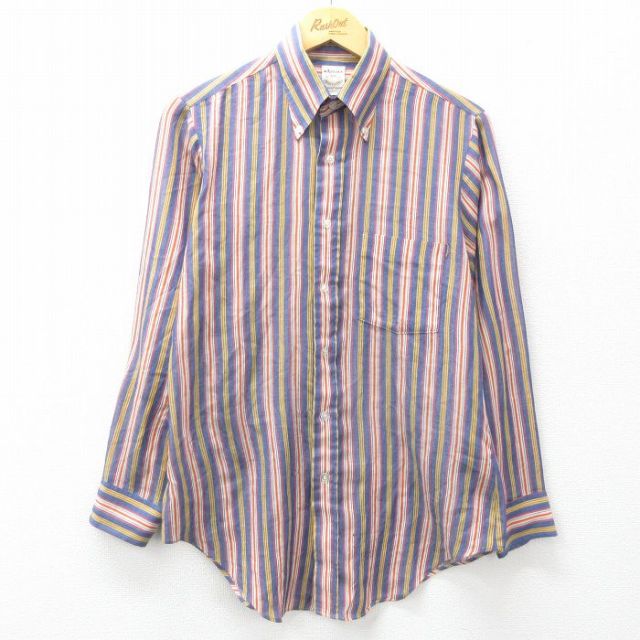 M★古着 アロー 長袖 シャツ メンズ 80年代 80s USA製 紺他 ネイビー ストライプ 25mar31 中古 トップス