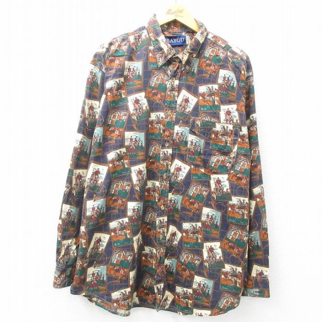 【50%OFF】XL★古着 長袖 シャツ メンズ 乗馬 大きいサイズ ロング丈 コットン ボタンダウン 紺他 ネイビー 【spe】 25mar31 中古 トップス