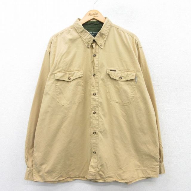 XL★古着 長袖 シャツ メンズ 大きいサイズ コットン ボタンダウン ベージュ カーキ 25mar31 中古 トップス
