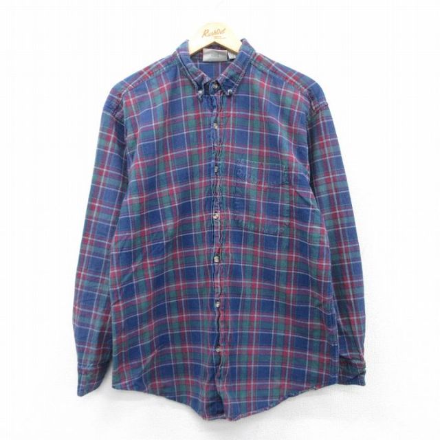 XL★古着 長袖 シャツ メンズ 00年代 00s コットン ボタンダウン 紺 ネイビー チェック 25mar31 中古 トップス