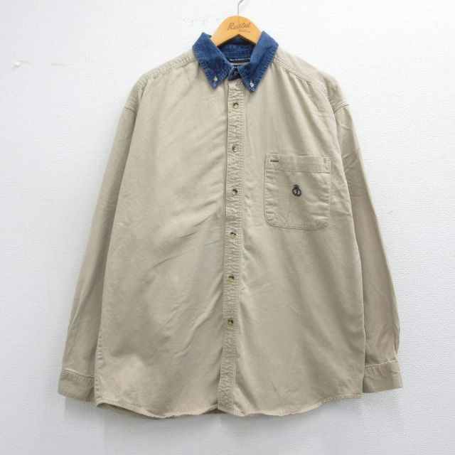 XL★古着 長袖 シャツ メンズ コットン 襟デニム ボタンダウン ベージュ他 カーキ 25mar31 中古 トップス