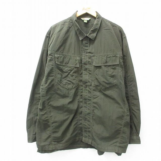 XL★古着 長袖 シャツ メンズ リップストップ 大きいサイズ 濃緑 グリーン 【spe】 25apr01 中古 トップス