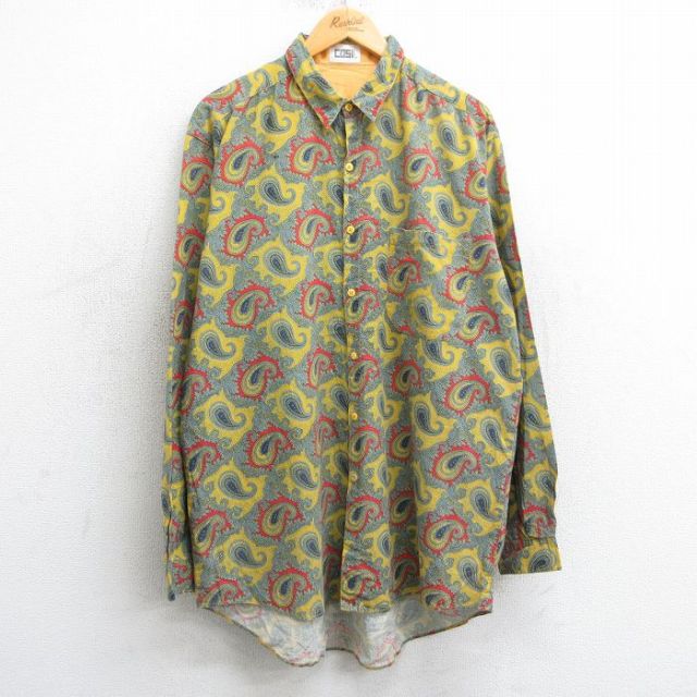 XL★古着 長袖 シャツ メンズ 90年代 90s ペイズリー柄 ロング丈 コットン 黄他 イエロー 25apr03 中古 トップス