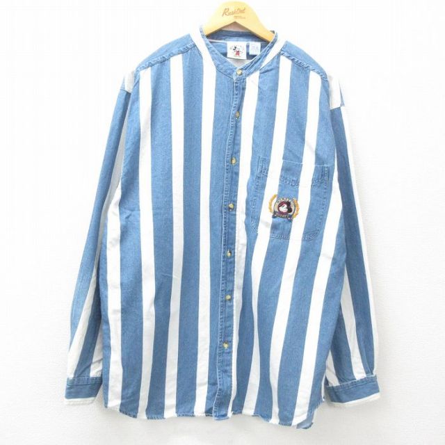 【20%OFF】XL★古着 長袖 シャツ メンズ 90年代 90s ディズニー DISNEY ミッキー MICKEY MOUSE ロング丈 コットン ノーカラー 紺他 ネイビー ストライプ 【spe】 25apr09 中古 トップス