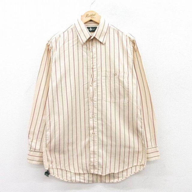【50%OFF】M★古着 長袖 シャツ メンズ 90年代 90s コットン 薄ベージュ他 カーキ ストライプ 25apr11 中古 トップス