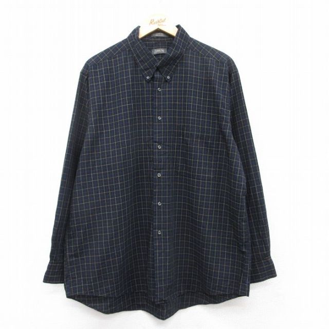 XL★古着 アロー 長袖 シャツ メンズ 大きいサイズ レーヨン 黒他 ブラック チェック 25apr11 中古 トップス