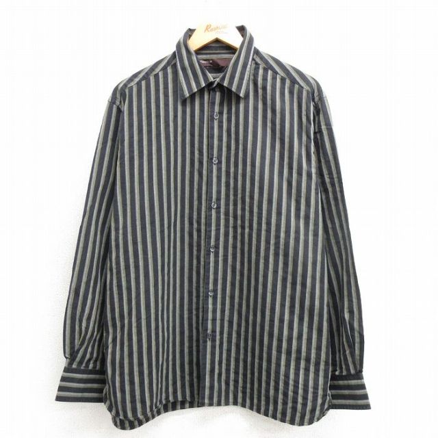 【20%OFF】XL★古着 ペリーエリス 長袖 シャツ メンズ コットン 黒他 ブラック ストライプ 25apr14 中古 トップス