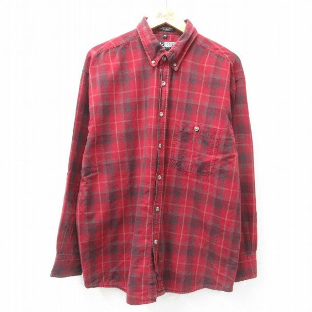 XL★古着 長袖 シャツ メンズ コットン ボタンダウン 赤 レッド チェック 25apr14 中古 トップス