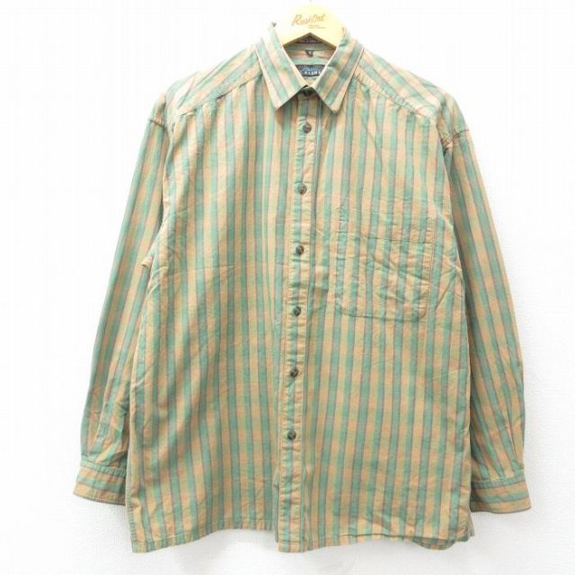 【50%OFF】XL★古着 長袖 シャツ メンズ コットン 薄緑他 グリーン ストライプ 25apr18 中古 トップス