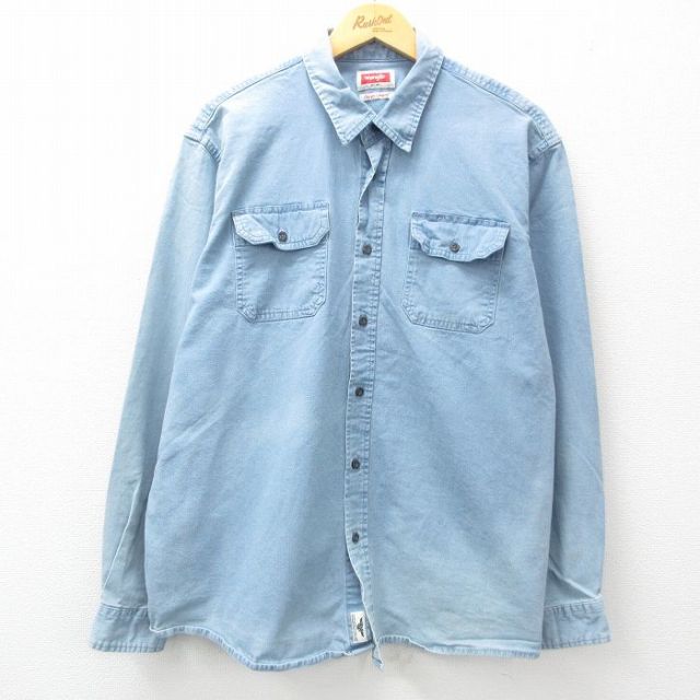 XL★古着 ラングラー Wrangler 長袖 シャツ メンズ 大きいサイズ 薄紺 ネイビー デニム 25apr18 中古 トップス