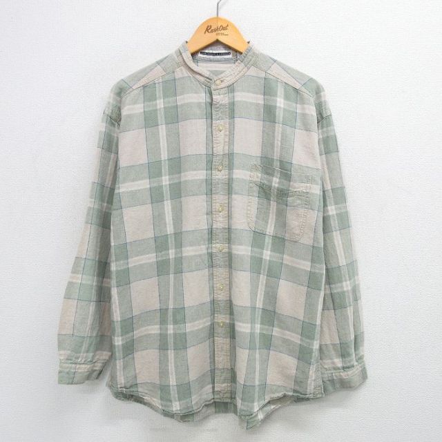 XL★古着 長袖 シャツ メンズ 90年代 90s リネン ノーカラー 薄緑他 グリーン チェック 25apr21 中古 トップス