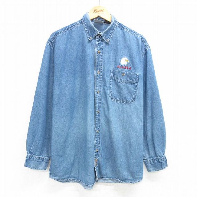 XL★古着 長袖 シャツ メンズ 00年代 00s 鳥 アラスカ コットン ボタンダウン 紺 ネイビー デニム 【spe】 25apr21 中古 トップス