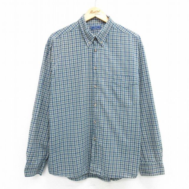 XL★古着 長袖 シャツ メンズ 00年代 00s 大きいサイズ コットン ボタンダウン 緑他 グリーン チェック 25apr21 中古 トップス