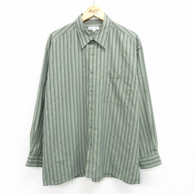 XL★古着 ピエールカルダン pierre cardin 長袖 シャツ メンズ 90年代 90s 大きいサイズ レーヨン 濃緑他 グリーン ストライプ 25apr21 中古 トップス